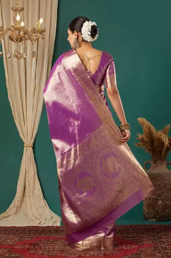 Purple pure silk woven zari work saree with blouse