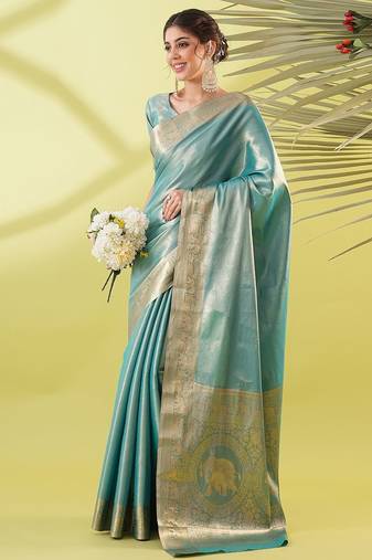 Light green pure silk woven zari work saree with blouse