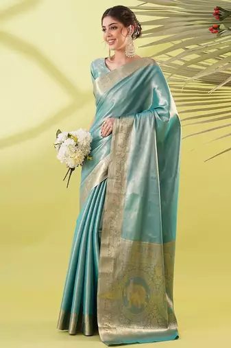 Light green pure silk woven zari work saree with blouse