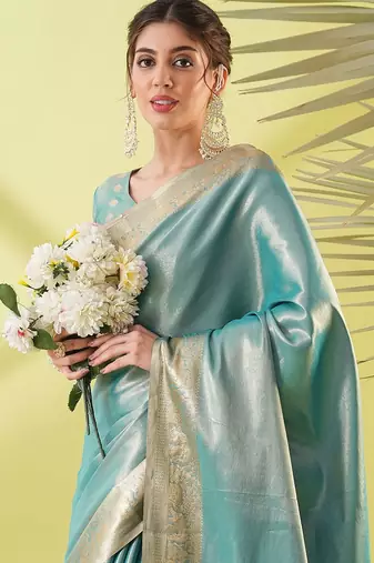 Light green pure silk woven zari work saree with blouse
