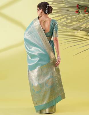 Light green pure silk woven zari work saree with blouse 3