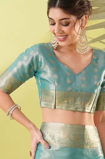Light green pure silk woven zari work saree with blouse