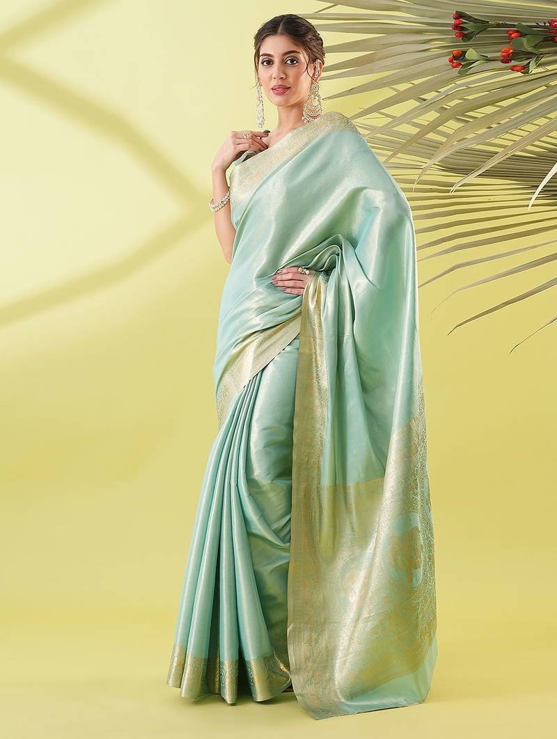 Light blue pure silk woven zari work saree with blouse