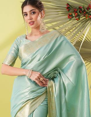 Light blue pure silk woven zari work saree with blouse 2