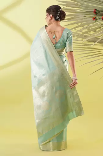 Light blue pure silk woven zari work saree with blouse