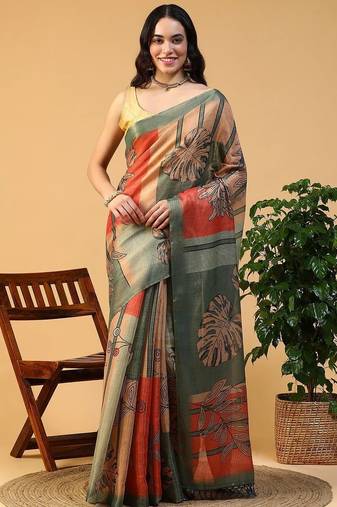 Multicolor blended cotton printed zari work saree with blouse