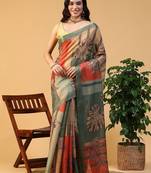 Multicolor blended cotton printed zari work saree with blouse