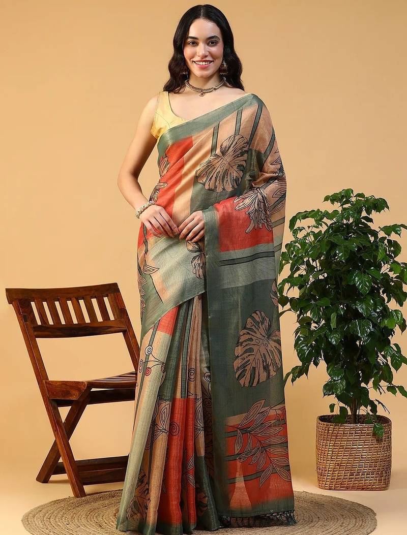 Multicolor blended cotton printed zari work saree with blouse