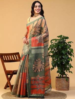 Multicolor blended cotton printed zari work saree with blouse 2