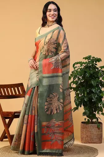Multicolor blended cotton printed zari work saree with blouse