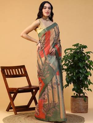 Multicolor blended cotton printed zari work saree with blouse 3