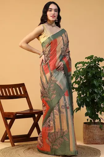 Multicolor blended cotton printed zari work saree with blouse