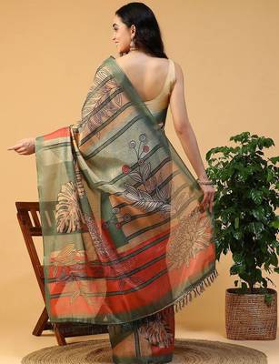 Multicolor blended cotton printed zari work saree with blouse 4