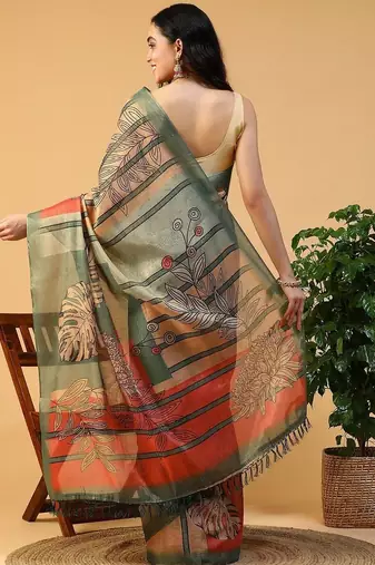 Multicolor blended cotton printed zari work saree with blouse