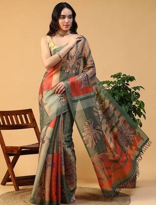 Multicolor blended cotton printed zari work saree with blouse 5
