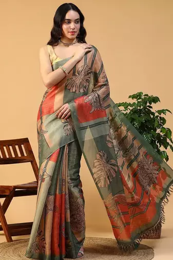 Multicolor blended cotton printed zari work saree with blouse