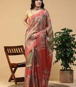 Multicolor blended cotton printed zari work saree with blouse