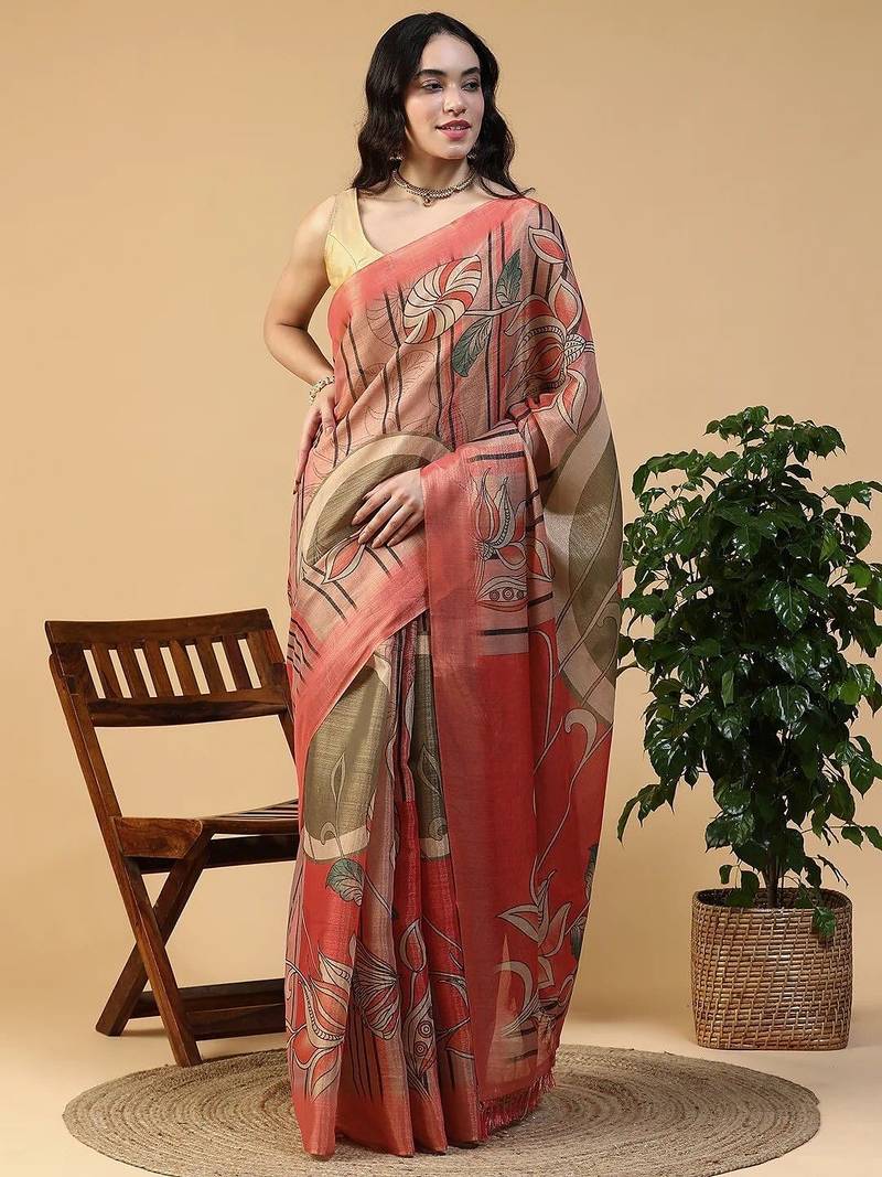 Multicolor blended cotton printed zari work saree with blouse