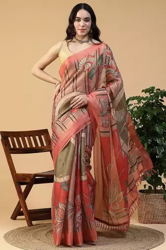 Multicolor blended cotton printed zari work saree with blouse