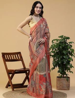 Multicolor blended cotton printed zari work saree with blouse 3