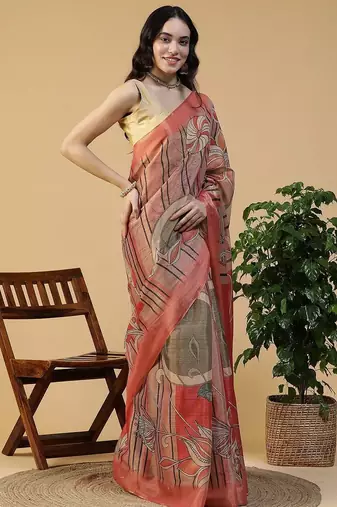 Multicolor blended cotton printed zari work saree with blouse