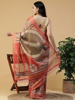 Multicolor blended cotton printed zari work saree with blouse 4