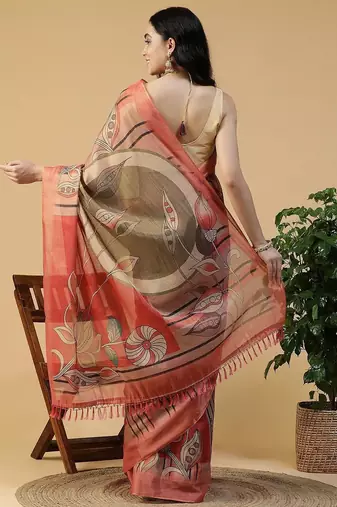 Multicolor blended cotton printed zari work saree with blouse