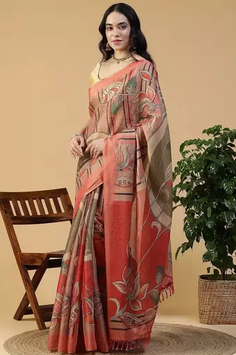 Multicolor blended cotton printed zari work saree with blouse