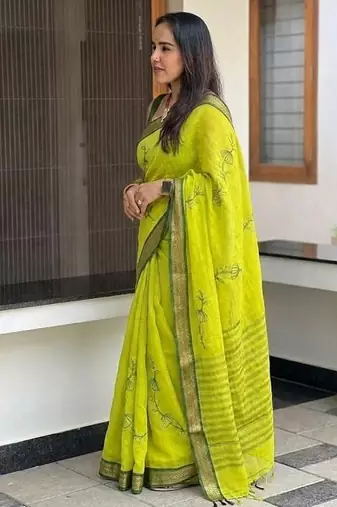 Light green blended cotton embroidered zari work saree with blouse