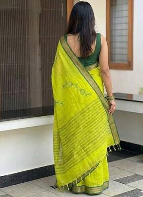 Light green blended cotton embroidered zari work saree with blouse 4