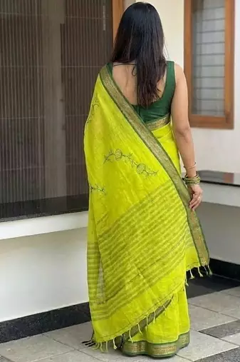 Light green blended cotton embroidered zari work saree with blouse