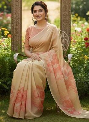 Red blended cotton printed zari work saree with blouse 2