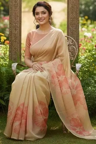 Red blended cotton printed zari work saree with blouse