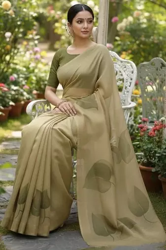 Dark green multicolor blended cotton printed zari work saree with blouse