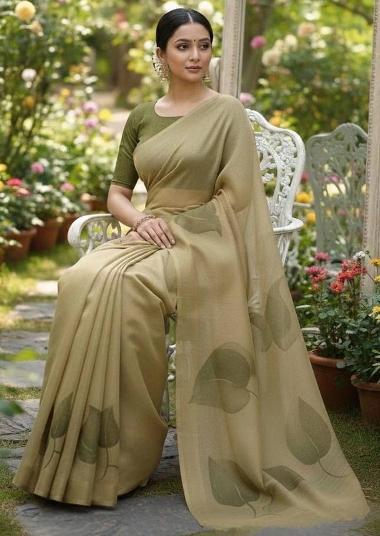 Dark green multicolor blended cotton printed zari work saree with blouse