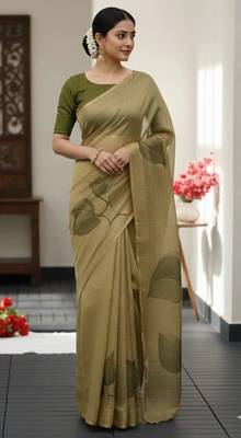 Dark green multicolor blended cotton printed zari work saree with blouse 2