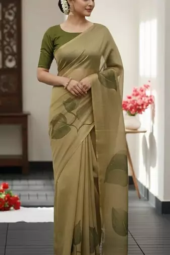 Dark green multicolor blended cotton printed zari work saree with blouse