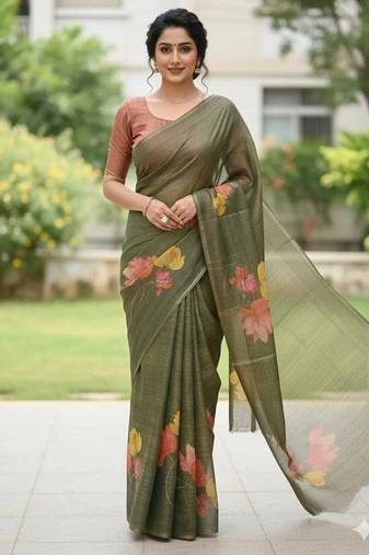 Dark green blended cotton printed zari work saree with blouse