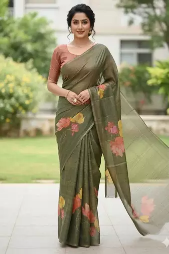 Dark green blended cotton printed zari work saree with blouse