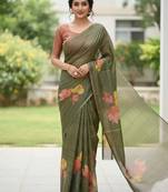 Dark green blended cotton printed zari work saree with blouse