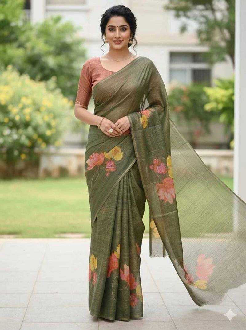 Dark green blended cotton printed zari work saree with blouse