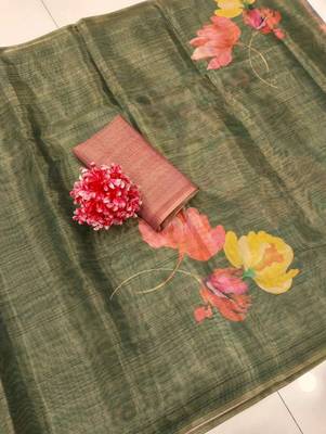 Dark green blended cotton printed zari work saree with blouse 2