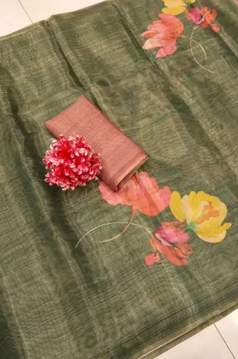 Dark green blended cotton printed zari work saree with blouse