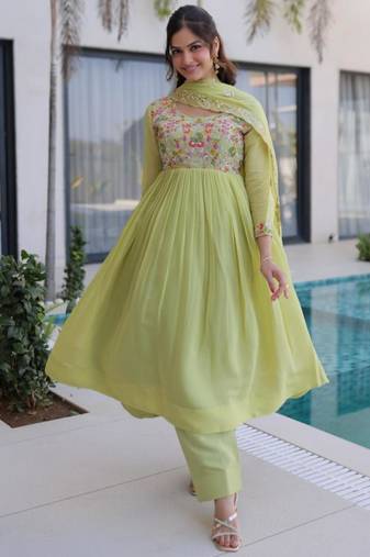 Pista green mal chanderi embroidery zari sequins flared salwar suits