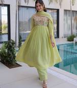 Pista green mal chanderi embroidery zari sequins flared salwar suits