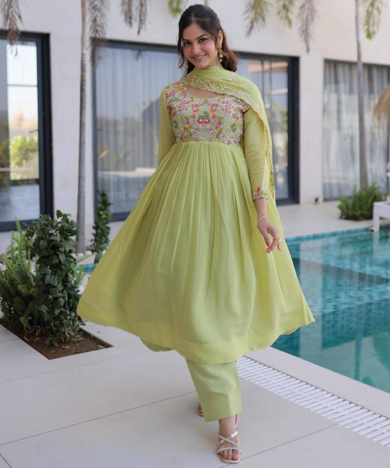 Pista green mal chanderi embroidery zari sequins flared salwar suits