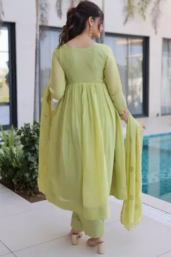 Pista green mal chanderi embroidery zari sequins flared salwar suits