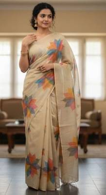Cream multicolor blended cotton printed zari work saree with blouse 1