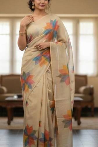 Cream multicolor blended cotton printed zari work saree with blouse