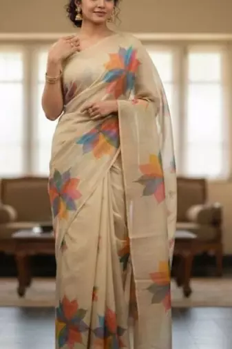 Cream multicolor blended cotton printed zari work saree with blouse